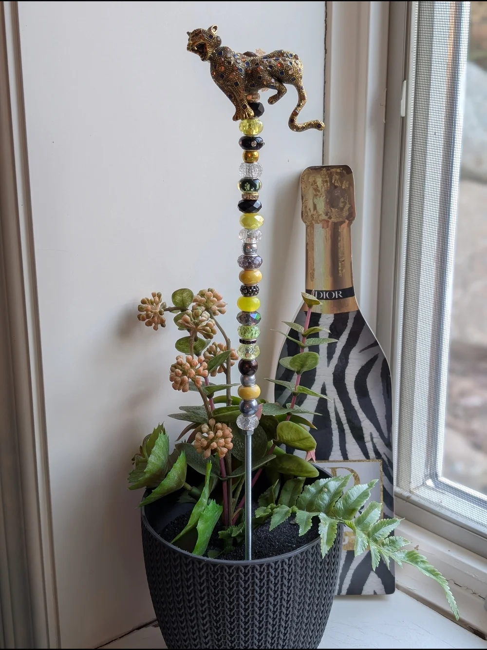 Hand Made Beaded Fairy Wand/Plant/Garden Stake W/Crystal Cheetah/Leopard Topper